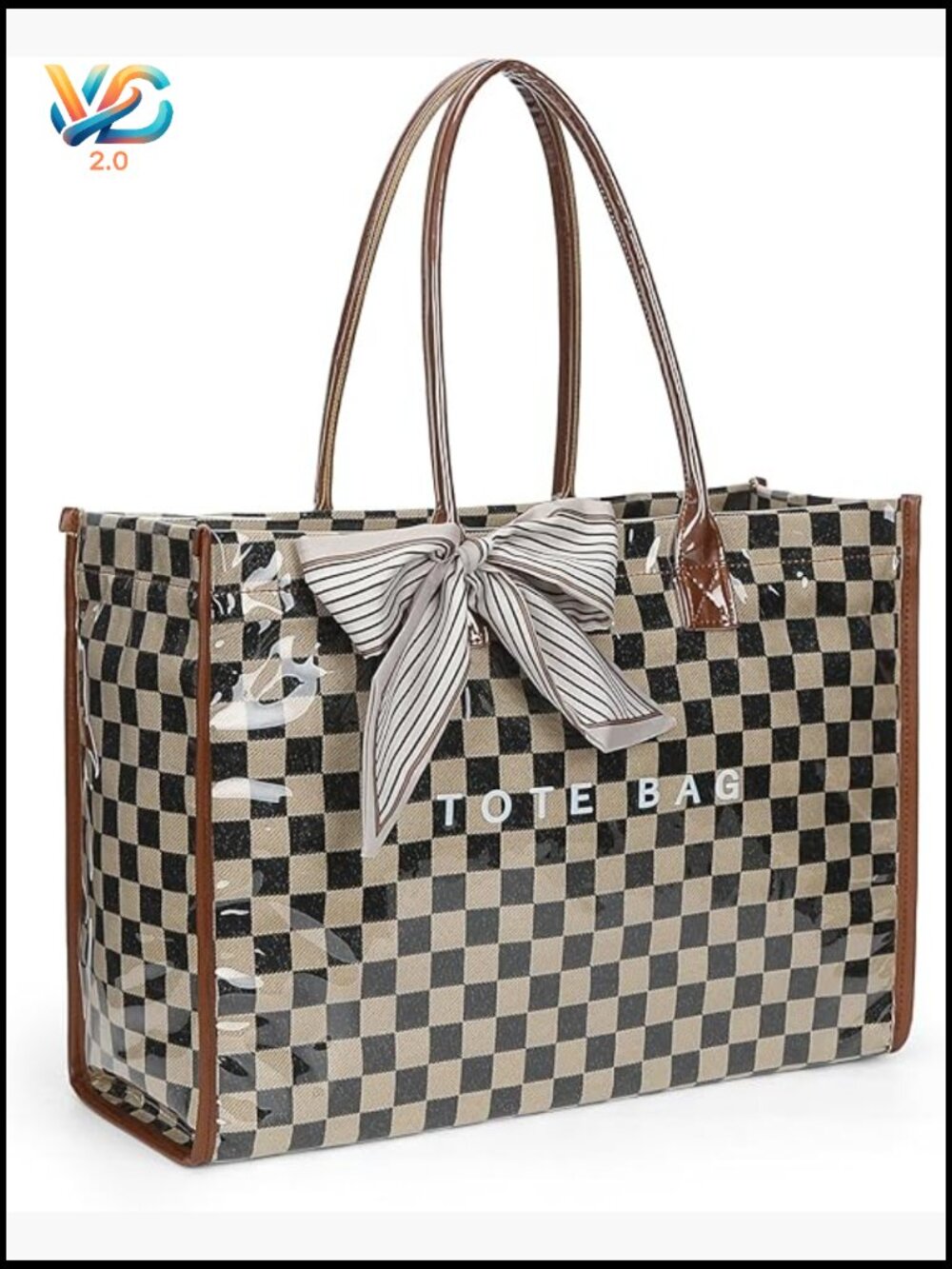 Large Plastic Tote Bag with Checkered Print, PVC Work Purse, Hobo Handbag,